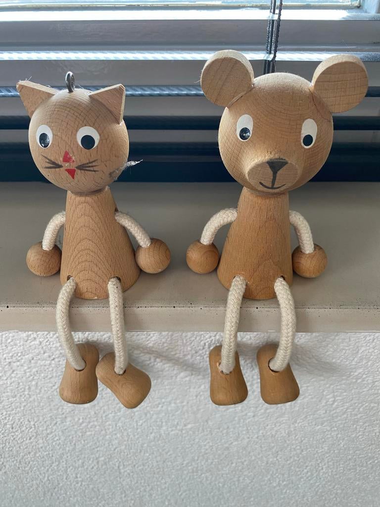 Leuke houten figuren: kat en muis met touwbenen, Ophalen of Verzenden, Gebruikt