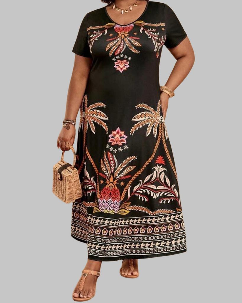 Zwarte maxi jurk met kleurrijke print (46-54), Verzenden, Nieuw, Zwart, Jurk