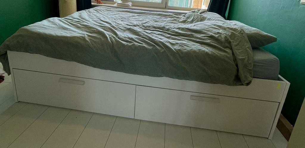 IKEA Brimnes bedframe met opberglades160x200 met lattebodems, Ophalen, Gebruikt, Wit, Tweepersoons