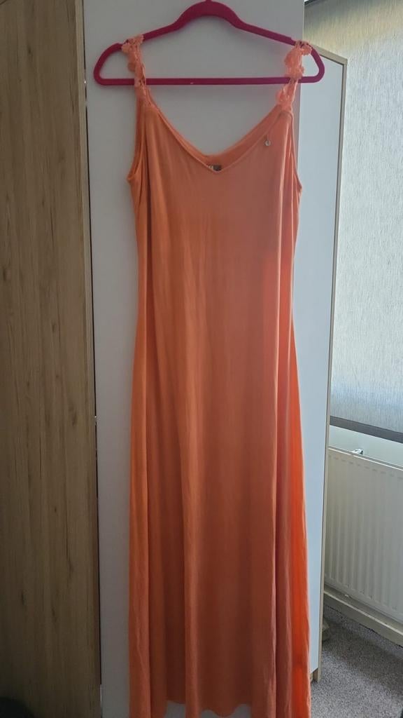 Oranje lange jurk met gehaakte bandjes, maat M, Ophalen of Verzenden