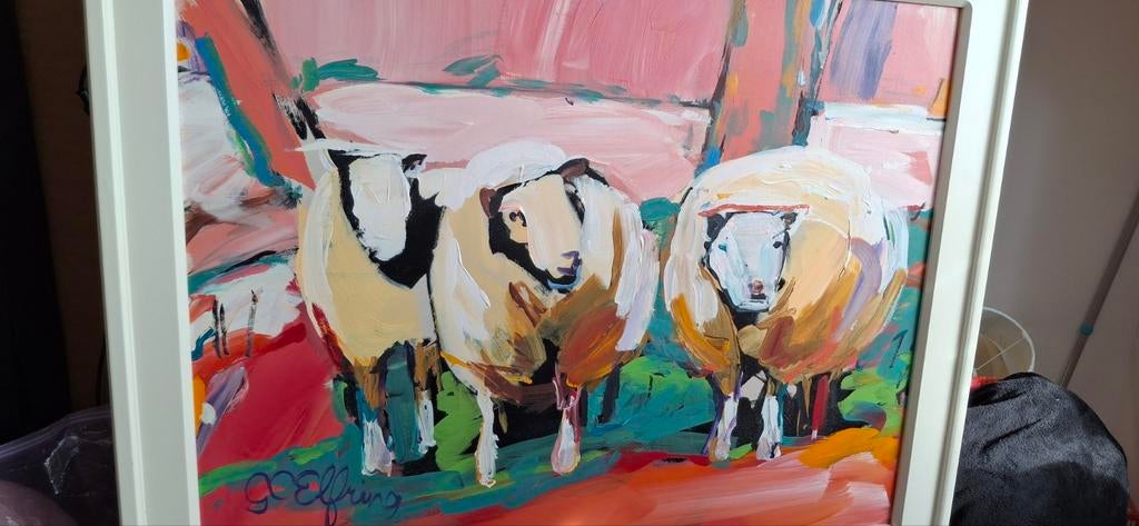 Groot schapen schilderij, vroeg werk van Gerda Elfring, Antiek en Kunst, Kunst | Schilderijen | Modern, Ophalen of Verzenden