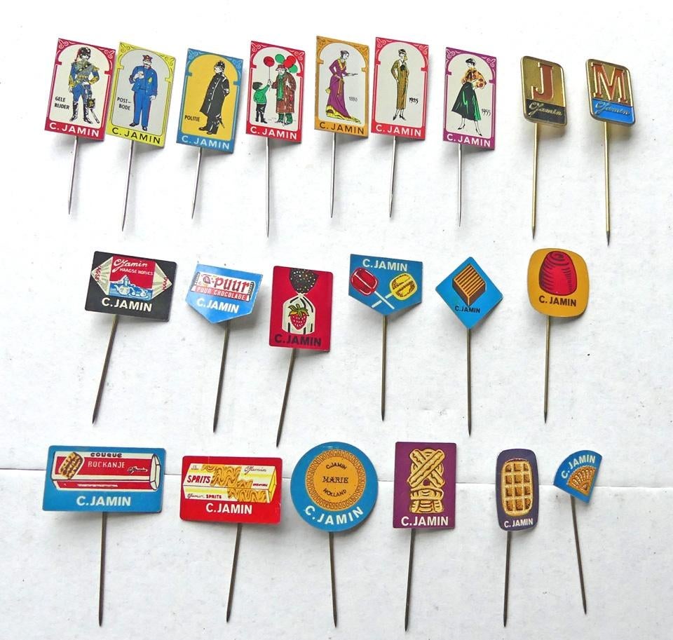 C. Jamin speldjes oud speldje 21x koek snoep mode beroepen, Verzamelen, Ophalen of Verzenden, Gebruikt, Merk, Speldje of Pin