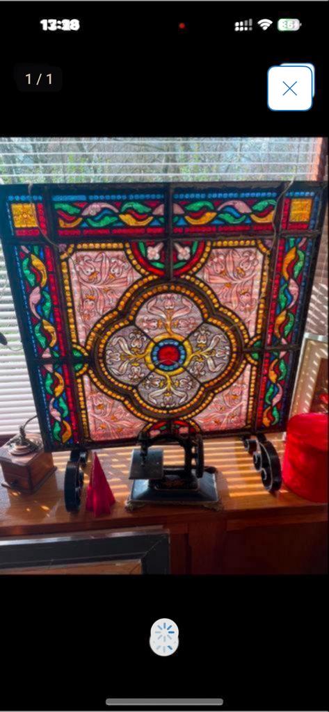 Antiek Glas-in-lood Kerkraam op Handgemaakte Sokkel, Antiek en Kunst, Ophalen of Verzenden