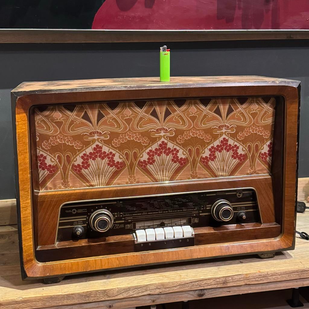 Antieke Philips buizenradio met Art Nouveau bekleding, Ophalen of Verzenden, Gebruikt, Radio