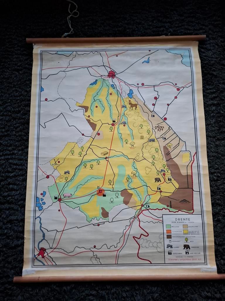 Oude schoolkaart Drente W Bakker en H Rusch, Antiek en Kunst, Antiek | Schoolplaten, Ophalen, Aardrijkskunde