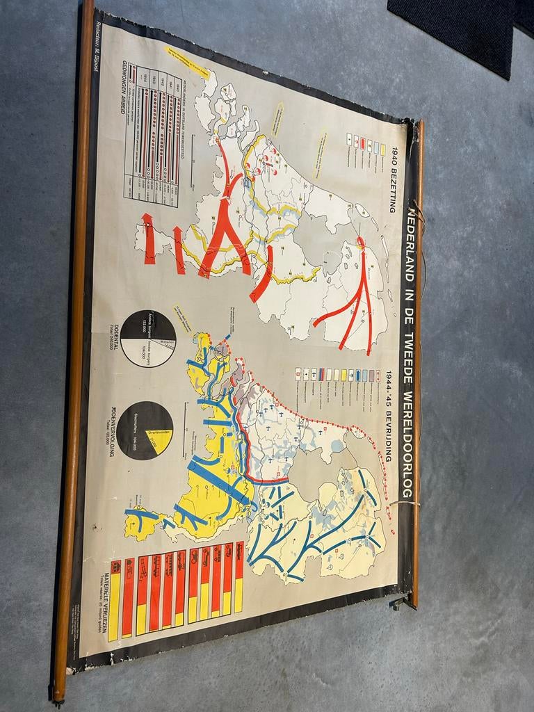 Schoolkaart Nederland WOII - 165x115 cm, Antiek en Kunst, Antiek | Schoolplaten, Ophalen, Geschiedenis