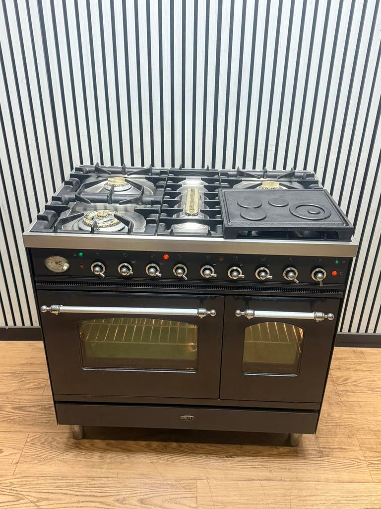 Luxe Boretti Fornuis 5 pits antraciet/chroom 2 ovens 90 cm, Fornello Esperta, Ophalen of Verzenden, Zo goed als nieuw, Energieklasse A of zuiniger
