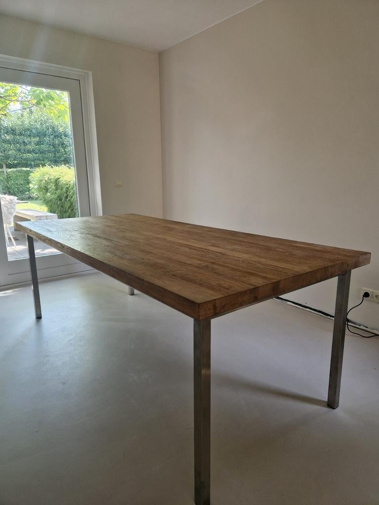 Eetkamertafel - Geborsteld Teak & RVS - 220x100cm, Ophalen, Gebruikt