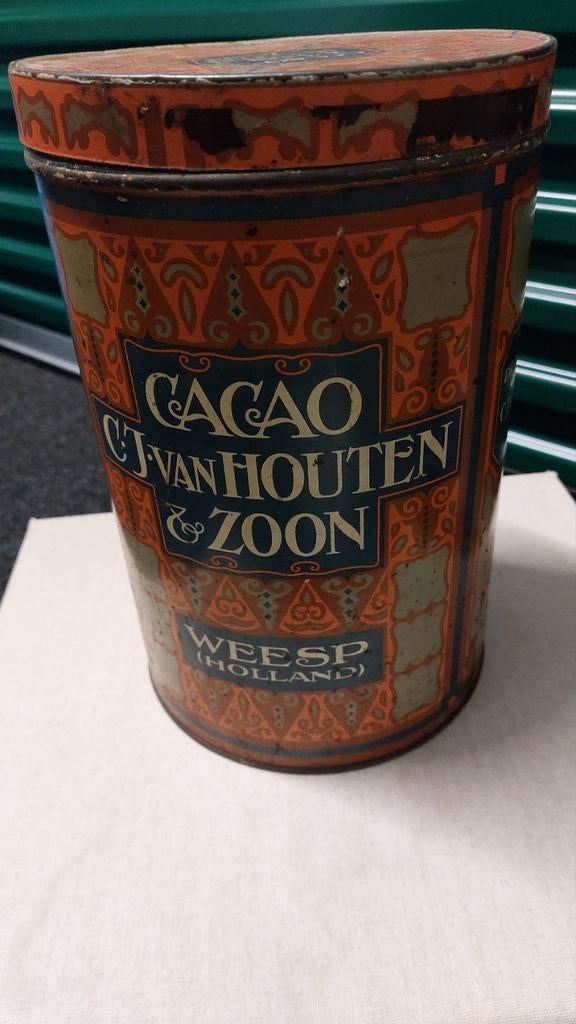 Antiek Cacao Van Houten voorraadblik - Amsterdamse School, Verzamelen, Blikken, Ophalen of Verzenden, Gebruikt, Overige, Overige merken