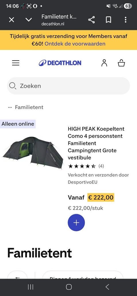 4 persoons tent inclusief diverse camping spullen !, Ophalen, Gebruikt