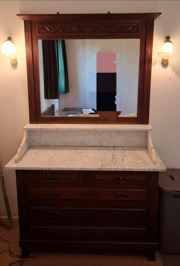 Antieke Commode/Kaptafel met Marmeren Blad en Spiegel, Huis en Inrichting, Kasten | Dressoirs, Ophalen, 100 tot 150 cm