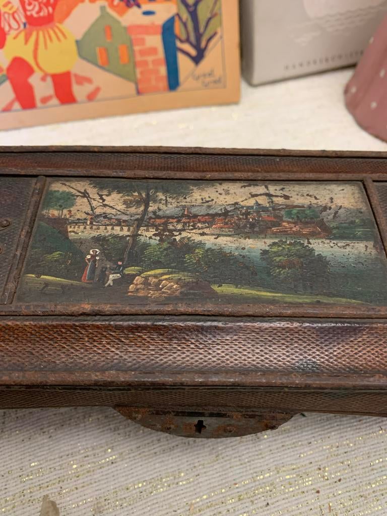 Antiek Victoriaanse Naaidoos sewingbox Landschapsschildering, Antiek en Kunst, Ophalen of Verzenden