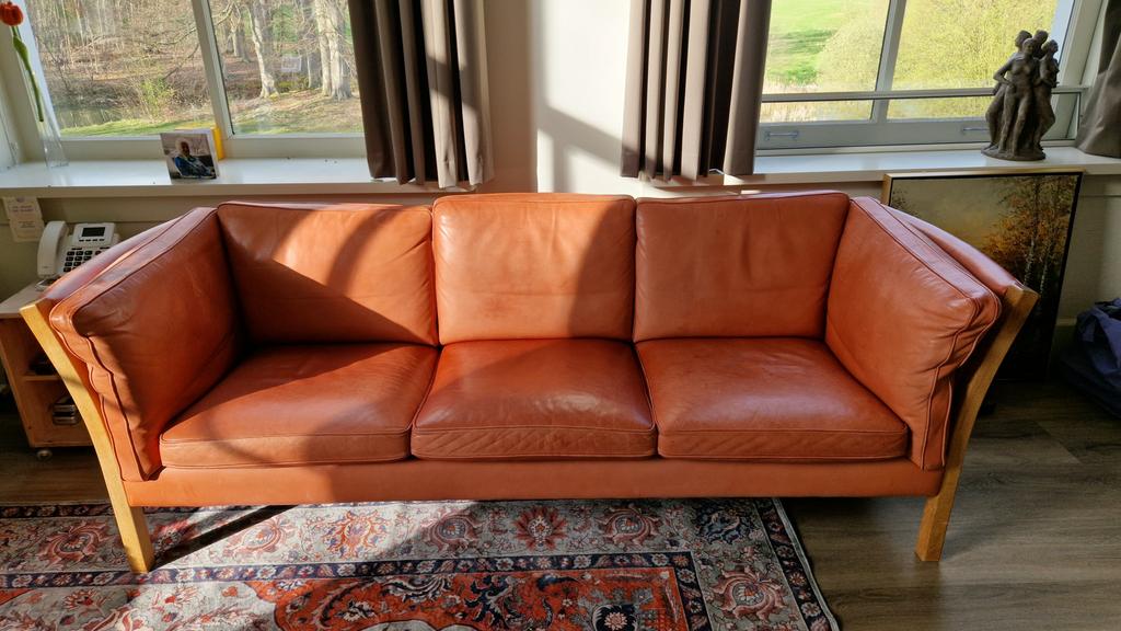 Vintage Deense 3-zits leren bank - Stouby - leer mid-century, Ophalen, Gebruikt, Vintage Deense mid-century, Driepersoons