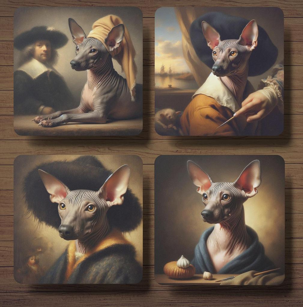 Peruaanse Naakthond Rembrandt stijl onderzetters met houder, Ophalen of Verzenden, Nieuw, Glas of Kopje