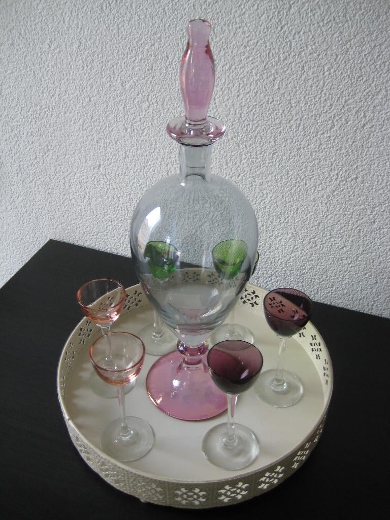 Antieke likeurset: Karaf met 6 glaasjes, Antiek en Kunst, Antiek | Glas en Kristal, Ophalen of Verzenden
