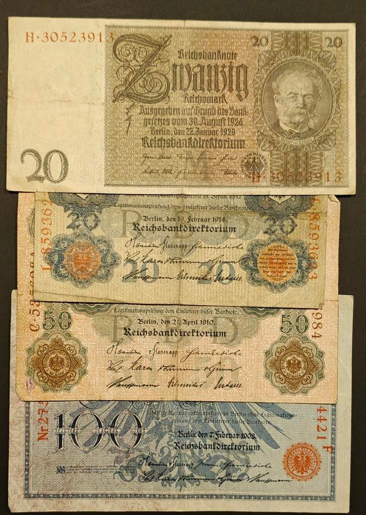 Duitse Reichsbank biljetten 1908-1929 (20-50-100 Mark), Postzegels en Munten, Ophalen of Verzenden, Duitsland