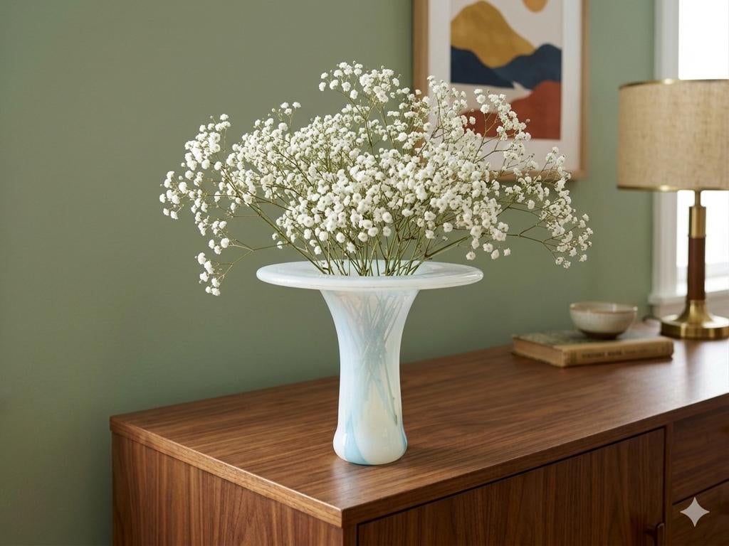 Design vintage vaas, wit-blauw glas, MCM-stijl, Ophalen of Verzenden