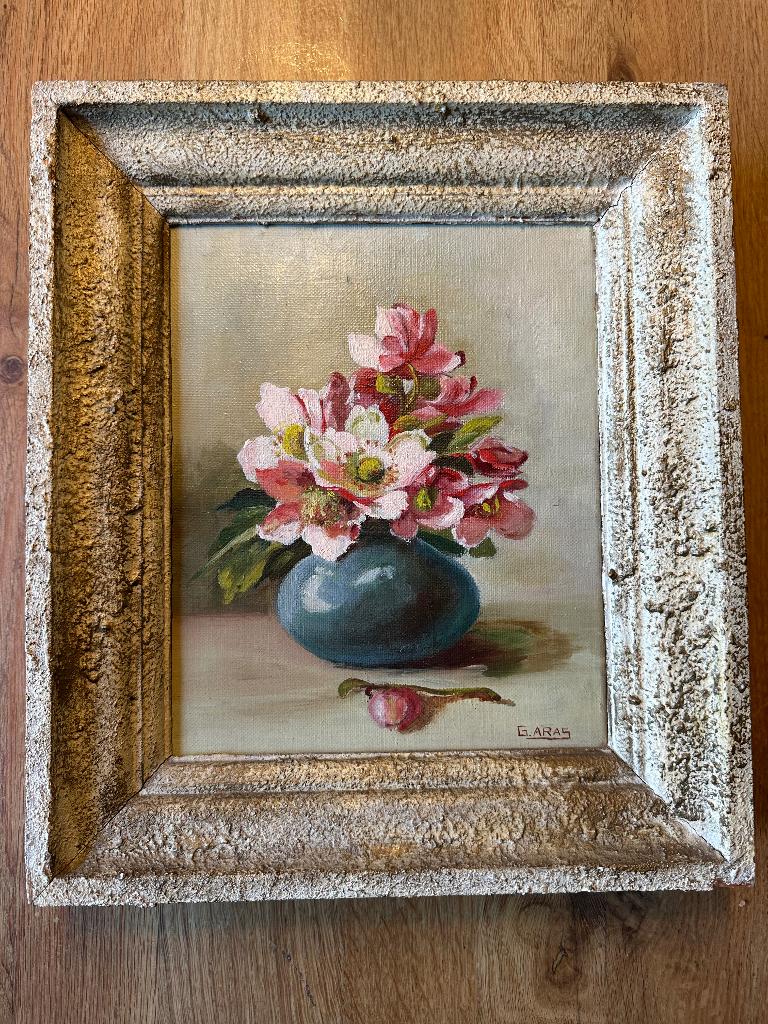 2 stuks olieverf bloemen schilderijtjes in lijst van G Aras, Ophalen of Verzenden