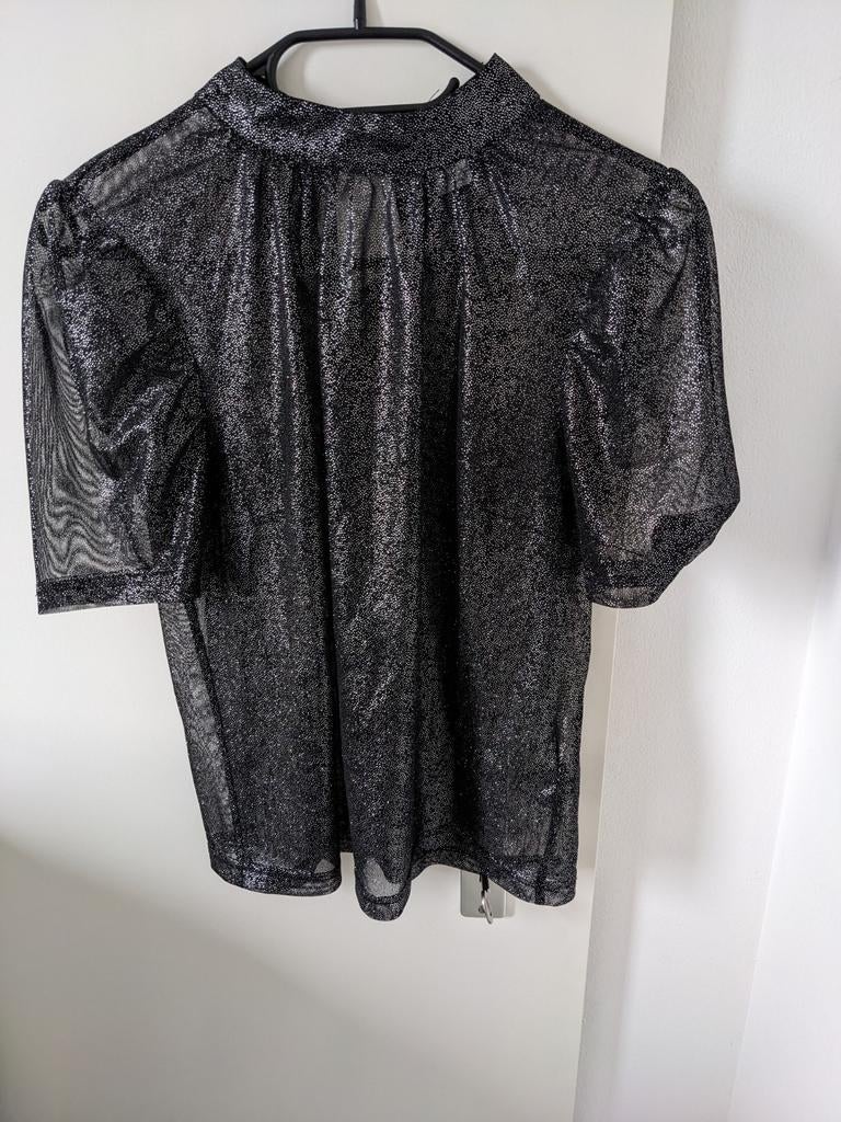 Transparant zwart zilver shirt met korte balonmouw maat 34, Divided, Zwart, Ophalen of Verzenden, Zo goed als nieuw