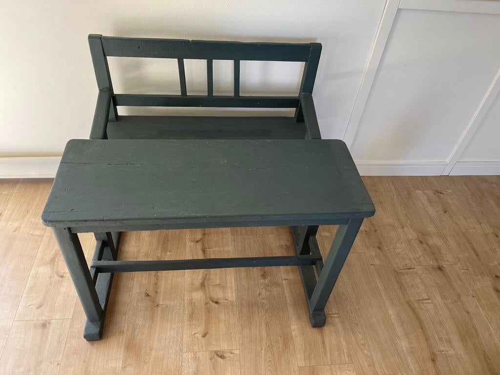 Vintage Schoolbankje - Donkergroen Houten Bureau met Stoel, Antiek en Kunst, Antiek | Meubels | Stoelen en Banken, Ophalen