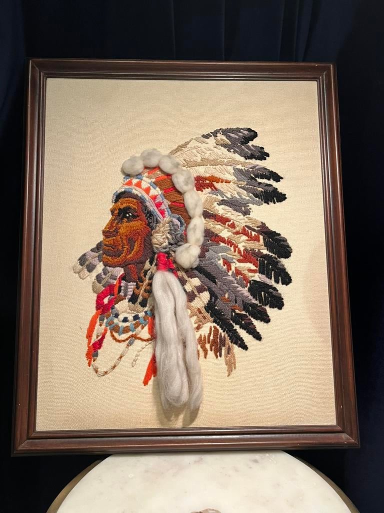 Vintage 70’s crewel borduurwerk “Indian Chief” Eileen Violet, Ophalen of Verzenden, Gebruikt