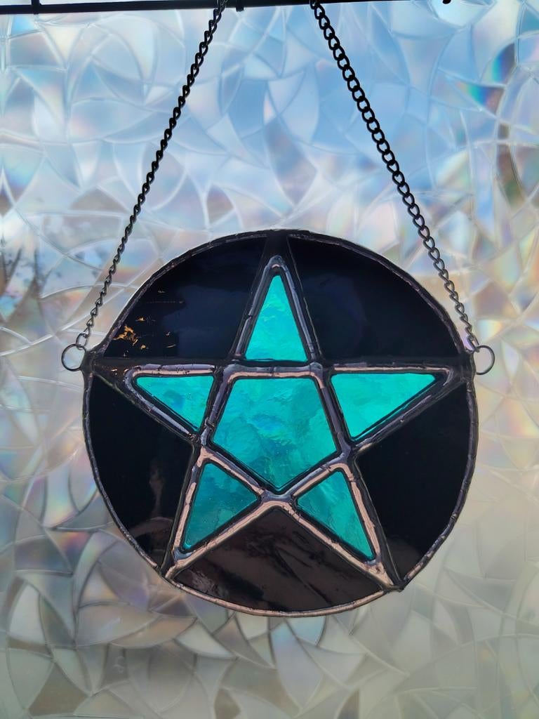 Handgemaakte glas-in-lood pentagram hanger (blauw), Ophalen of Verzenden