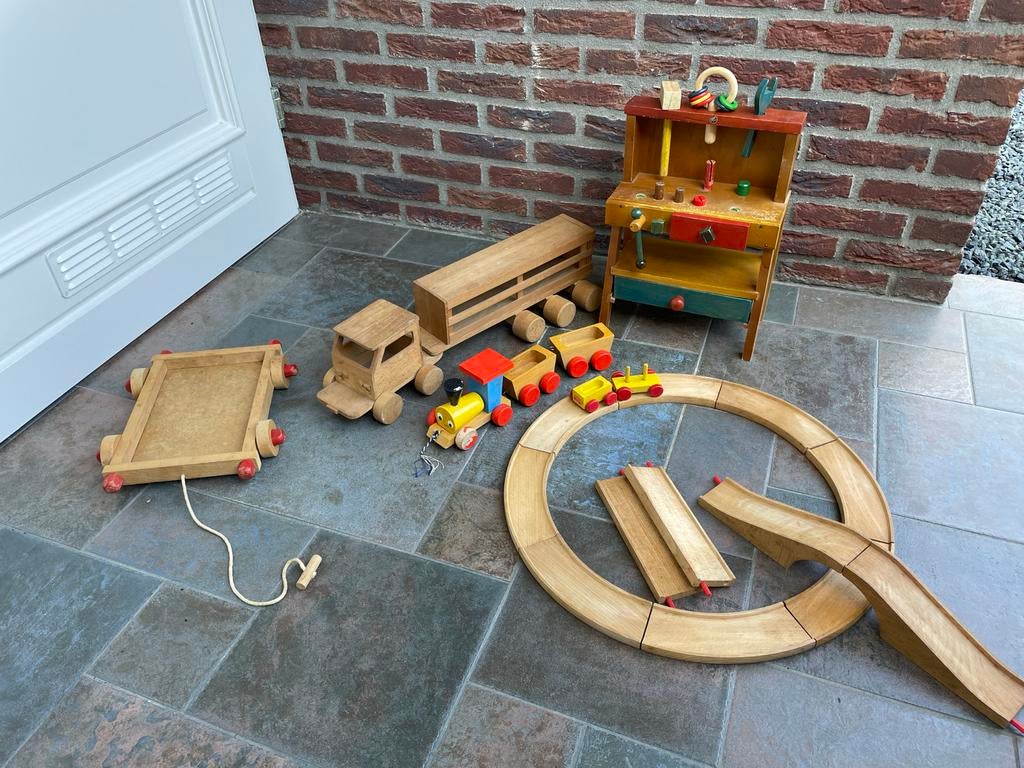 Vintage houten speelgoed: vrachtwagen, trein, werkbank, Ophalen, Gebruikt, Overige typen