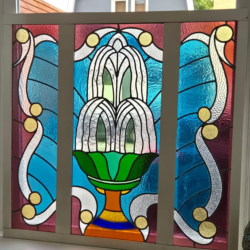 114hx118br Art nouveau glas in lood raam prachtige kleuren, Ophalen