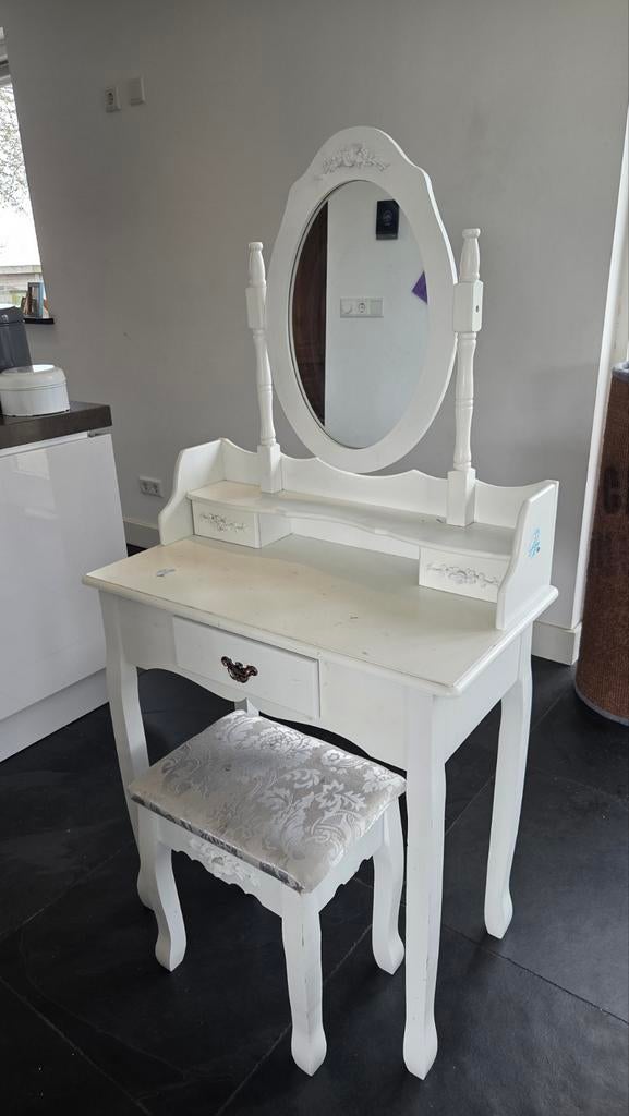 Witte make-up tafel met spiegel en krukje, Ophalen of Verzenden