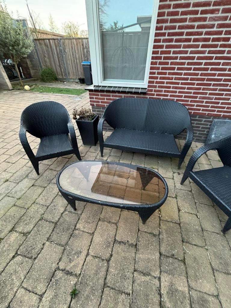 Zwarte loungeset met glazen tafel, Tuin en Terras, Tuinsets en Loungesets, Ophalen, 4 zitplaatsen, Gebruikt, Loungeset