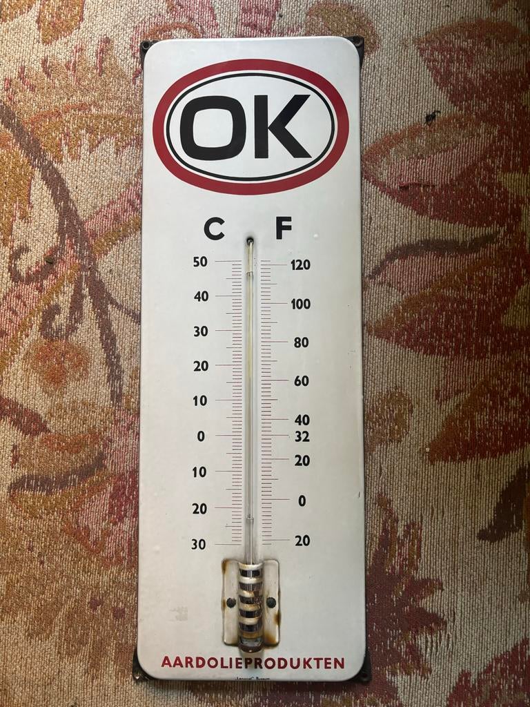 Oude Emaile OK Aardolieprodukten Thermometer Langcat Bussum, Ophalen