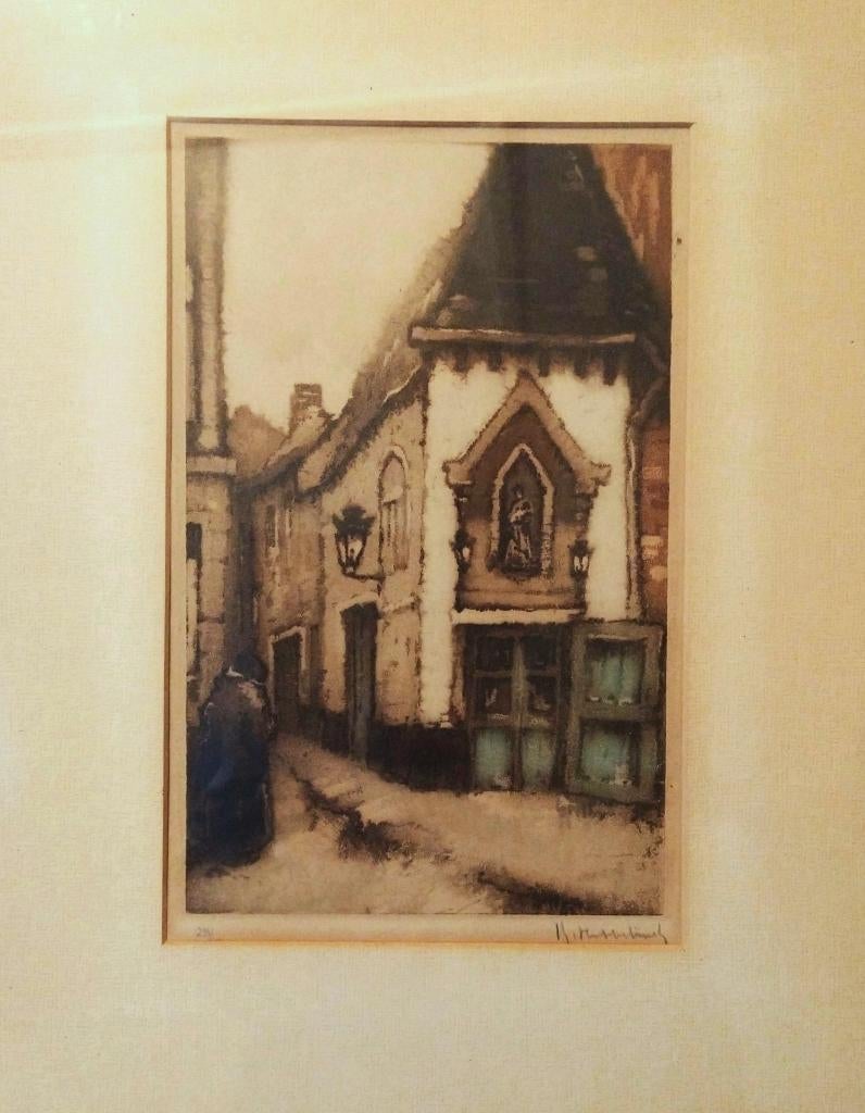 Ets van Roger Hebbelinck , stadsgezicht straatje België, Stadsgezicht, Ophalen of Verzenden, Origineel, 1950 - 1999