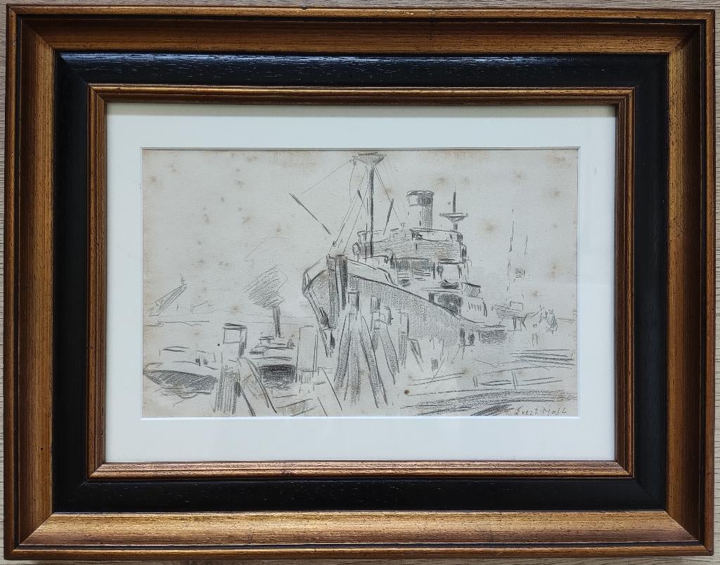 Evert Moll (1878-1955) - Gezicht op scheepskade (tekening), Ophalen of Verzenden