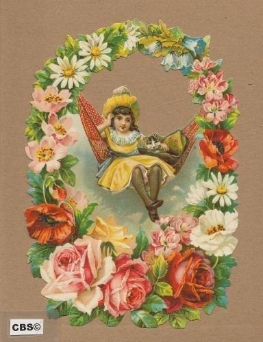 Meisje schommelt in bloemenkrans poezieplaatjes 5085, Ophalen of Verzenden