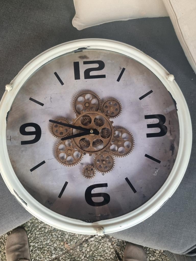 Industriële Wandklok met Tandwielen - Wit, Ophalen, Gebruikt, Analoog, Wandklok