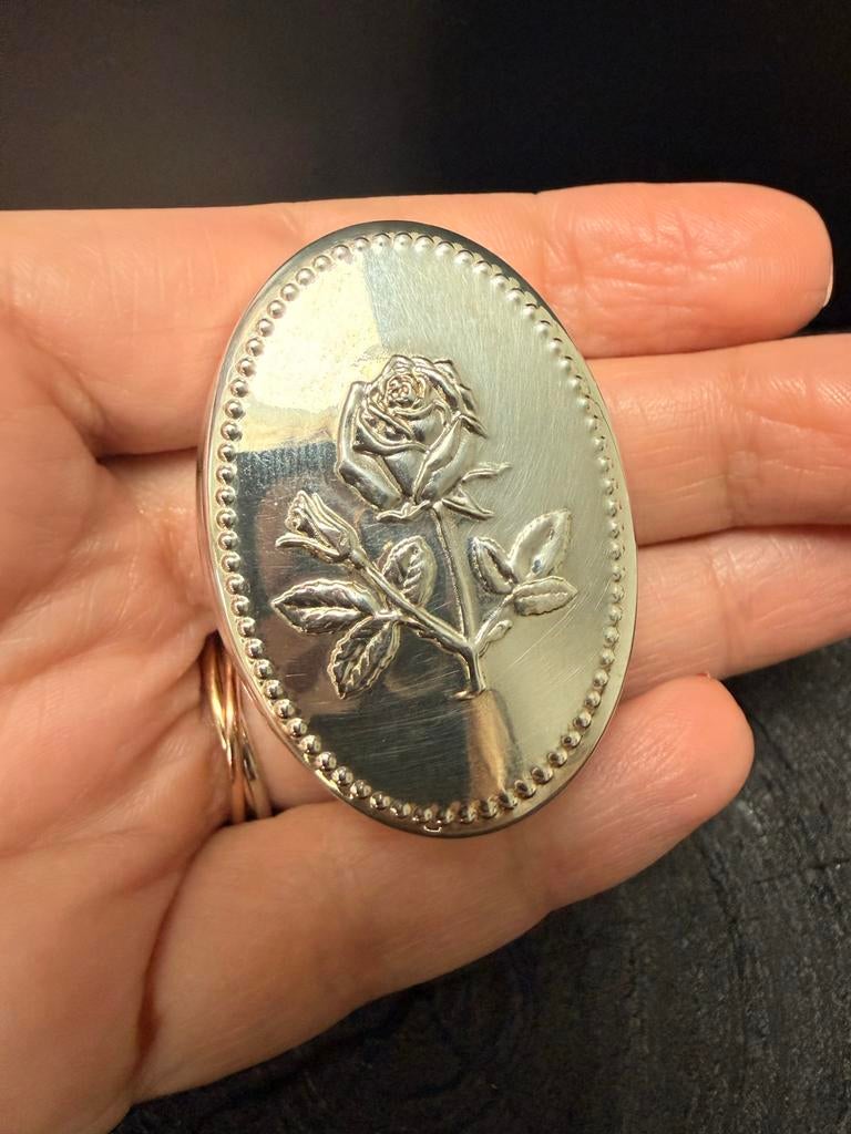 Ovaal Zilveren Doosje 800 met Roos Reliëf en Parelrandje, Verzenden, Zilver