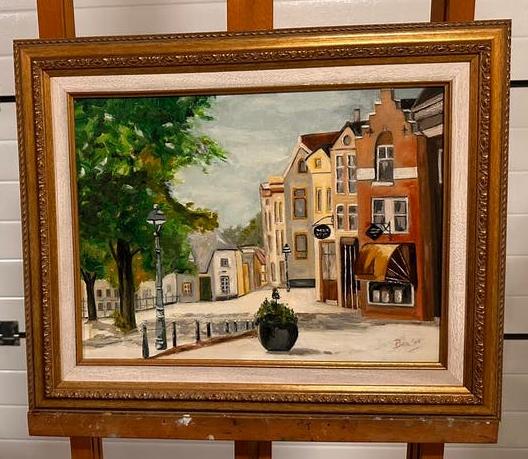 Klassiek schilderij/lijst ‘Winkelstraat’ 41x31 (Binnenmaat), Antiek en Kunst, Kunst | Schilderijen | Klassiek, Ophalen