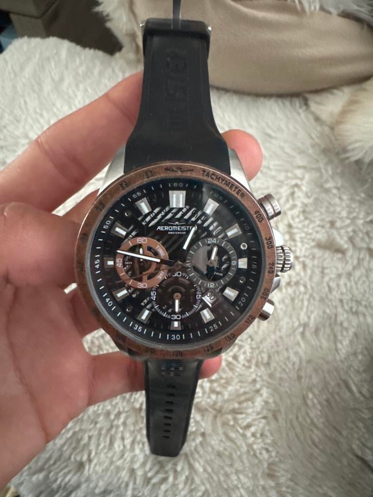 Aeromeister horloge met zwarte band, Sieraden, Tassen en Uiterlijk, Horloges | Heren, Gebruikt, Staal, Polshorloge, Kunststof