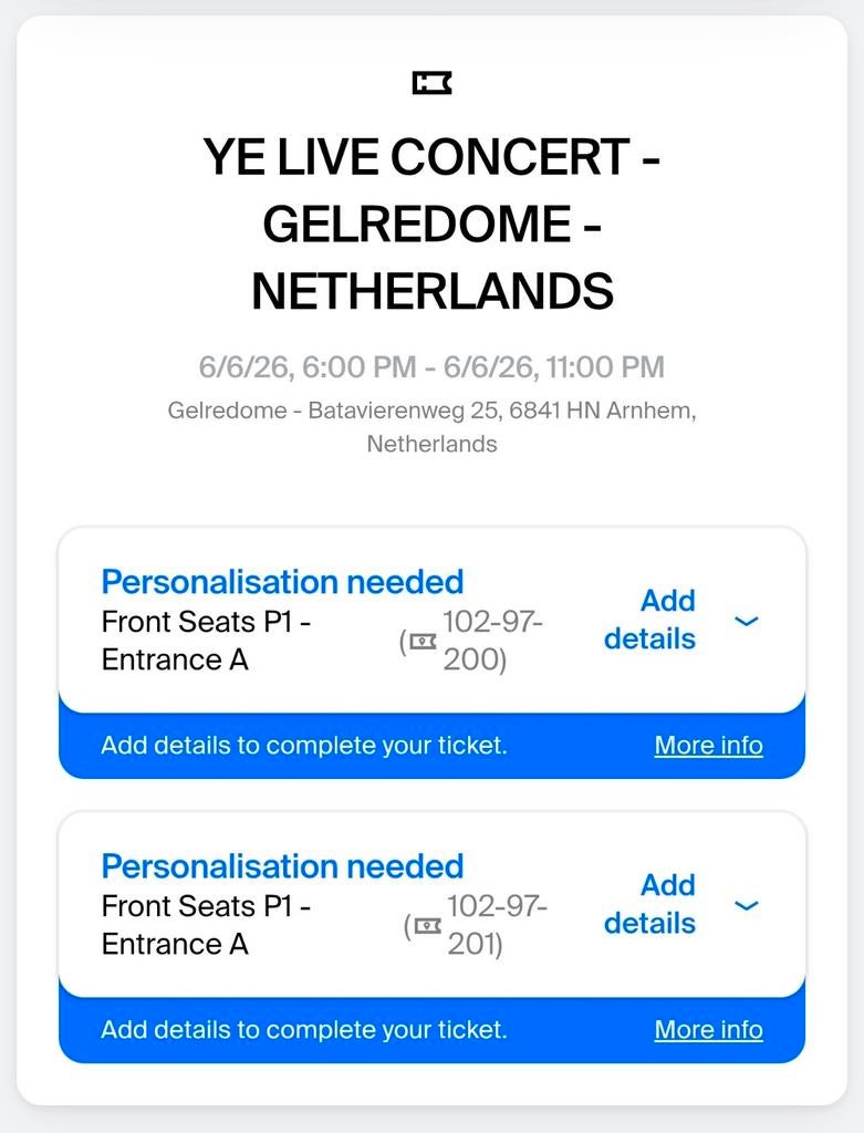 2X Kanye West concert Gelredome  Front Seats P1 (Entrance A), Tickets en Kaartjes, Twee personen, Juni