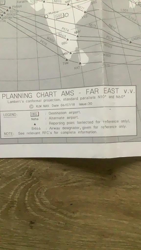 KLM Planning kaart AMS - FAR EAST v.v., Ophalen of Verzenden, Zo goed als nieuw, Kaart, Foto of Prent