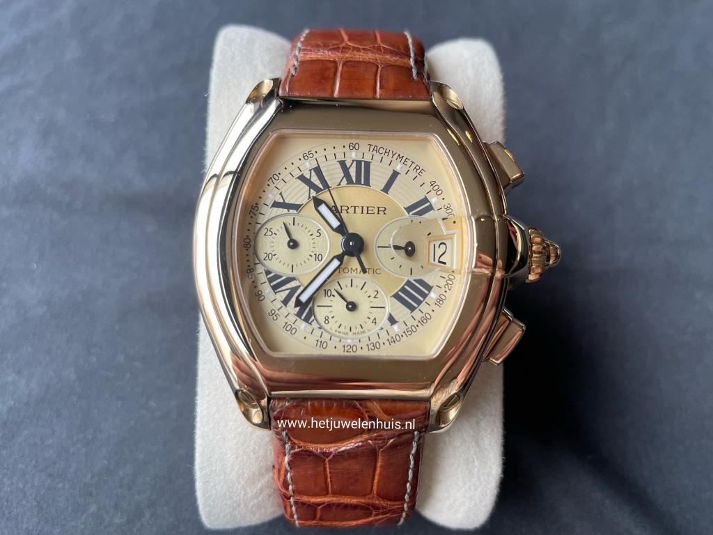 Cartier Roadster Chrono Large 18kt. goud W62008Y3, Sieraden, Tassen en Uiterlijk, Horloges | Heren, Leer, Polshorloge, Zo goed als nieuw