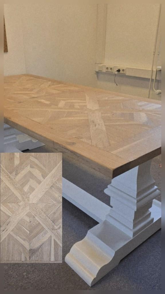 Massief eiken kloostertafel 220x100 IngelegdKasteelvloerblad, Ophalen, EigenMeubelmakerij, Eikenhout, 200 cm of meer