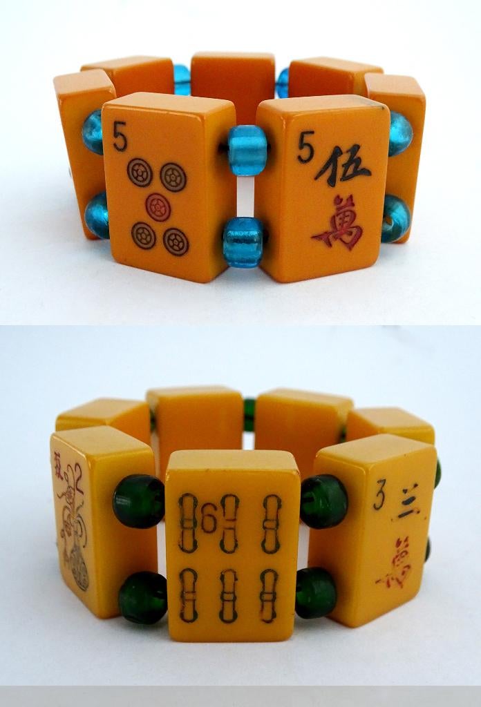 2 Amberkleurige Bakeliet - Catalin Mahjong Stenen Armbanden, Verzenden, Overige materialen, Armband