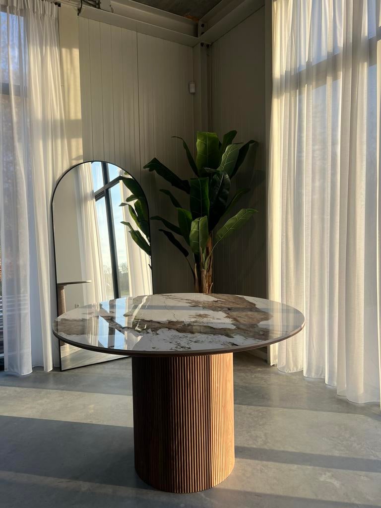 Eettafel Japandi Stijl Rond Wit/Bruin, Japandi, Rond, Nieuw, Ophalen of Verzenden