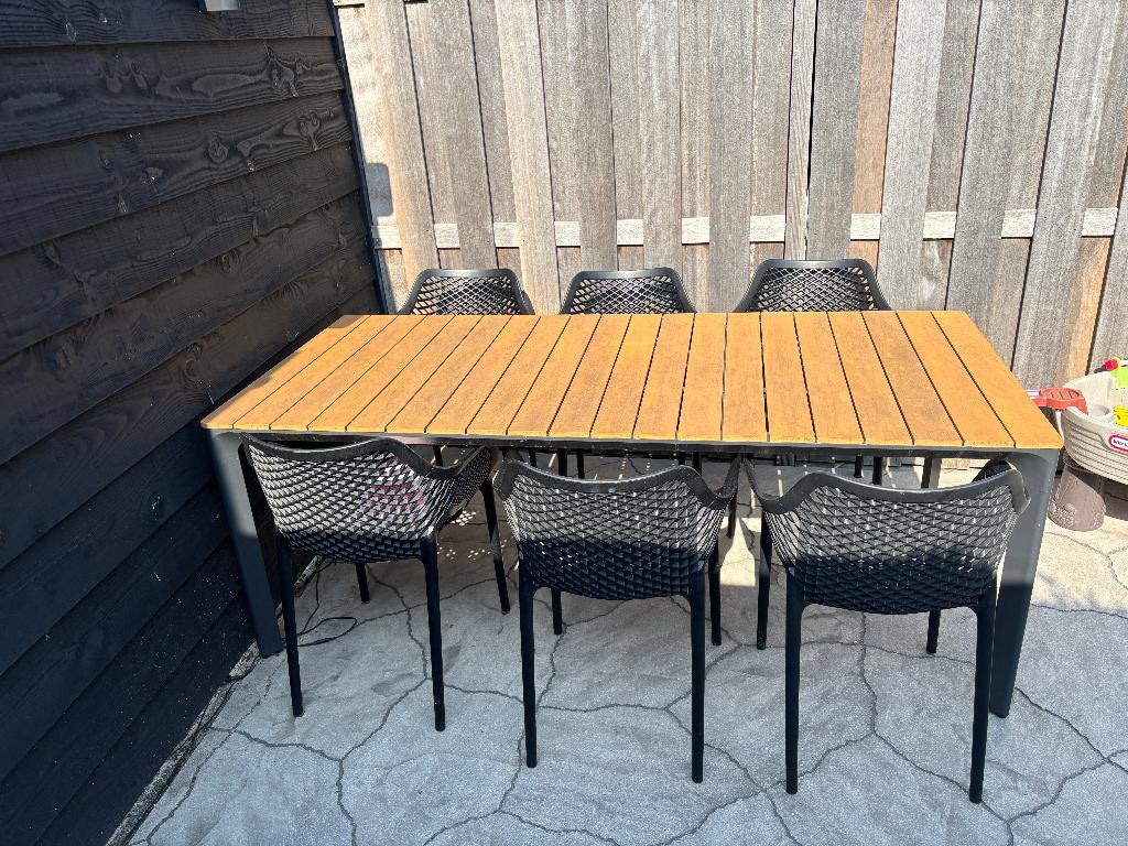 Tuintafel - Aluminium/Polywood - 200x90 cm + 6 stoelen, Ophalen, Zo goed als nieuw, Rechthoekig, Kunststof