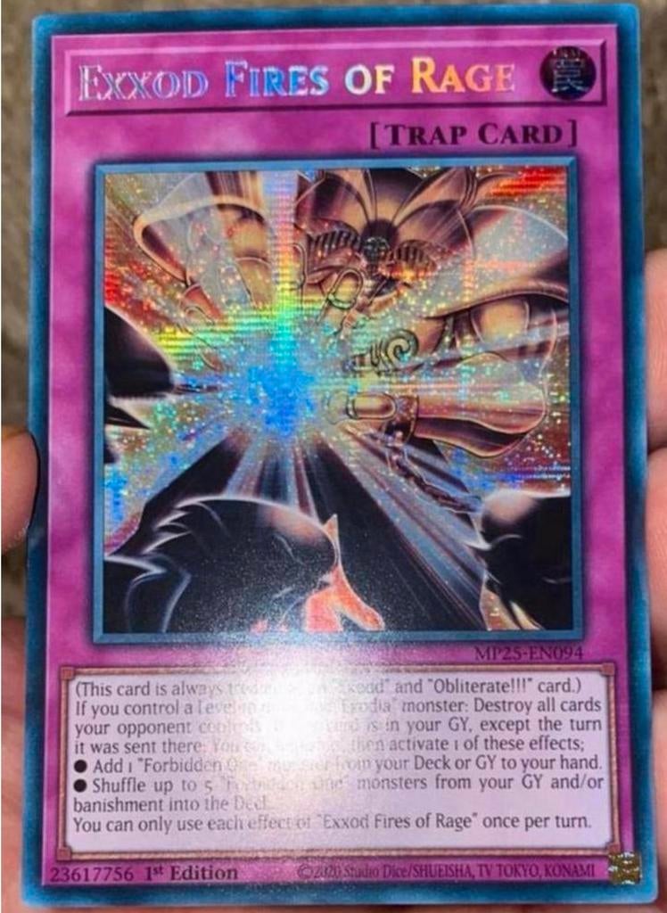 Yu-Gi-Oh! Exxod Fires of Rage MP25 1st Edition !, Ophalen of Verzenden, Zo goed als nieuw, Losse kaart, Foil