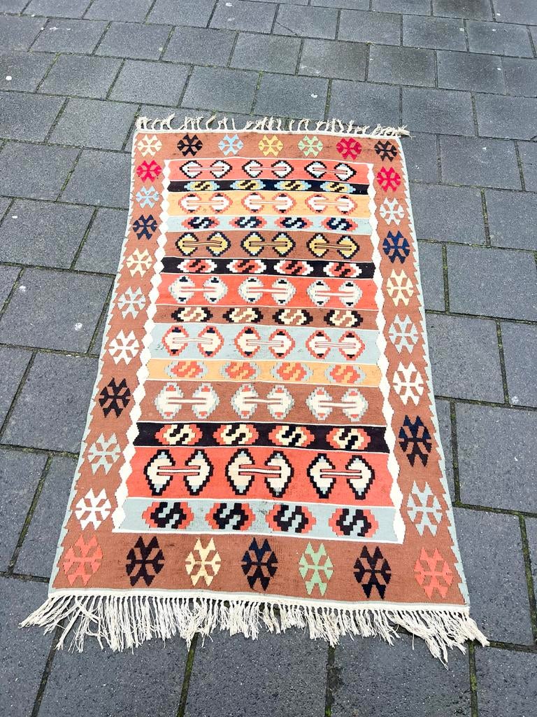 Vintage Handgeweven Kelim Tapijt - Kleurrijk en Uniek, Gebruikt, 100 tot 150 cm, Bruin, Rechthoekig