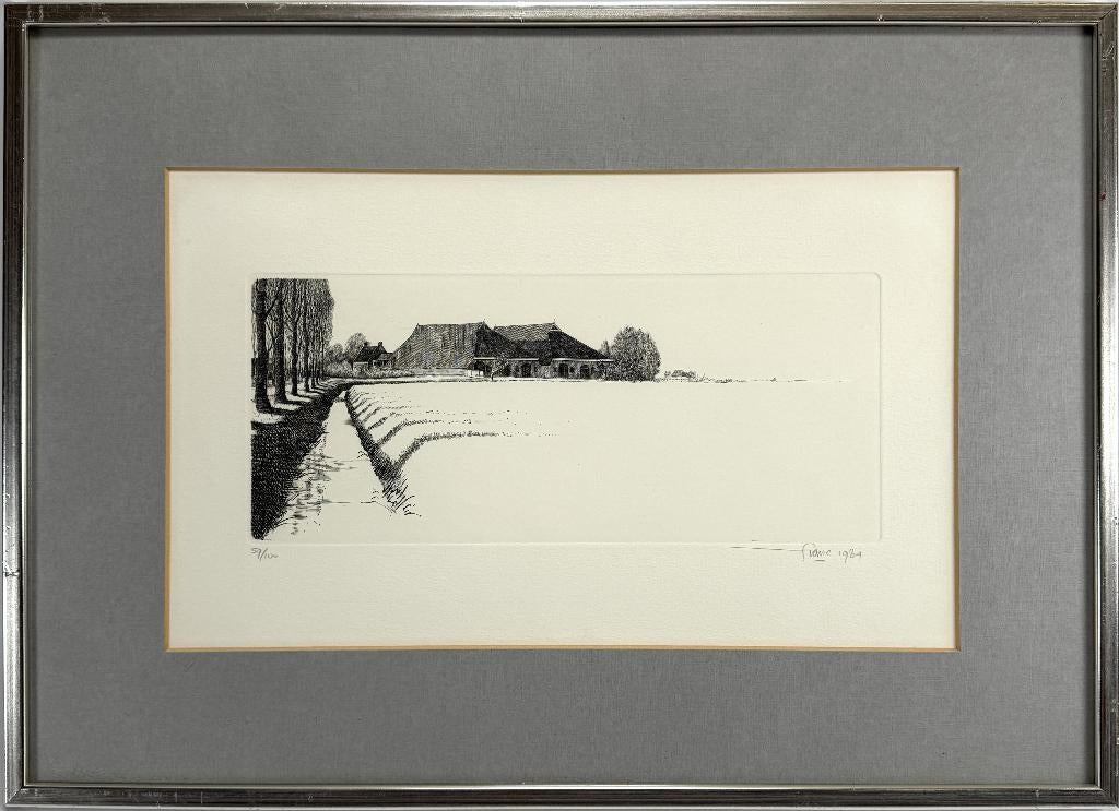 231. Ets, Franc van Oort - polderlandschap, 1984, Antiek en Kunst, Ophalen of Verzenden