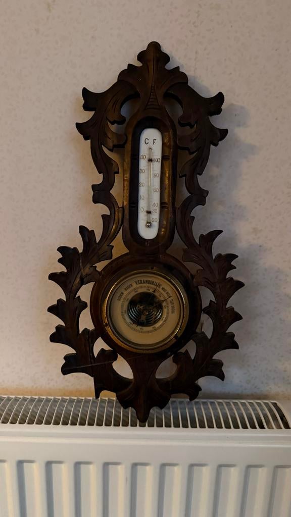 Antieke Barometer met Thermometer - Houtsnijwerk, Ophalen of Verzenden, Gebruikt, Barometer