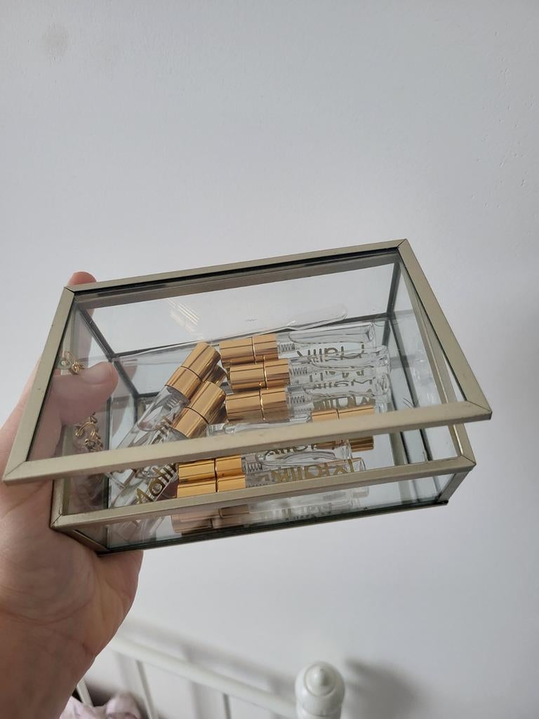 Glazen sieradendoosje / ringdoosje met gouden rand, Ophalen of Verzenden, Zo goed als nieuw